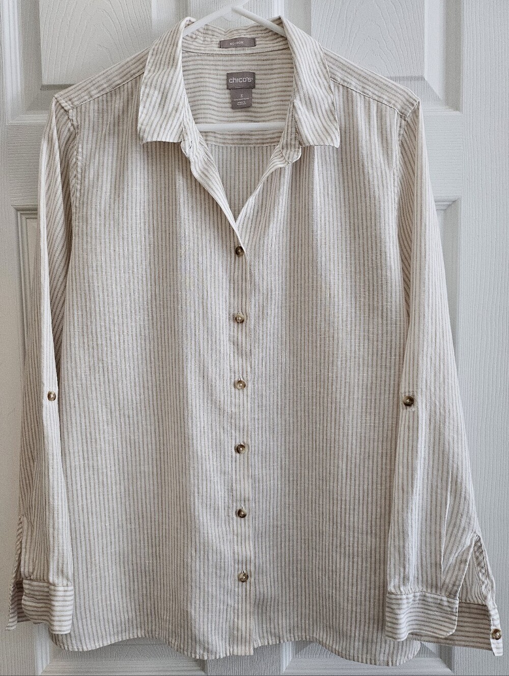 Chico's Sz 3 No Iron 16/18 Beige White Stripe Roll Tab Sleeves Linen